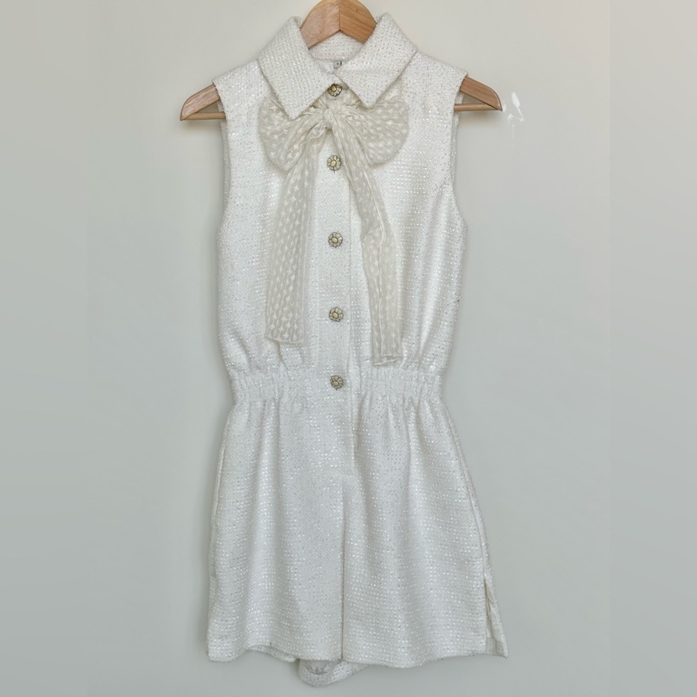 Sandro white tweed jumpsuit with lace bow xs
